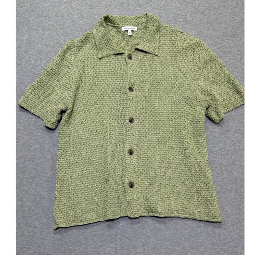 Banana Republic Mens XL Sage Green Resort Crouhet Knit Short Sleeve Button Shirt